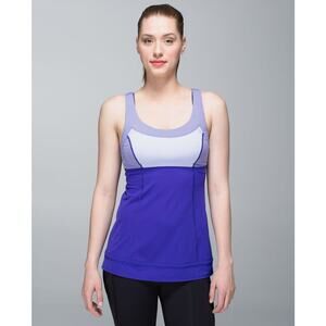 Lululemon Run: Ta Ta Topper Tank No Bra Size 10 Purple White Stripe Cinch Hem